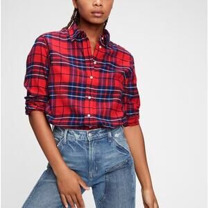 GAP Everyday Flannel Button Down Shirt In Red Tartan Plaid Size Medium Tall